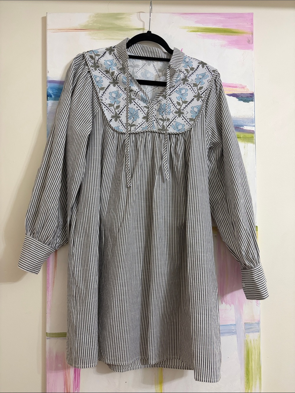 Women Grey Stripe Dress with Blue Embroidered Yoke